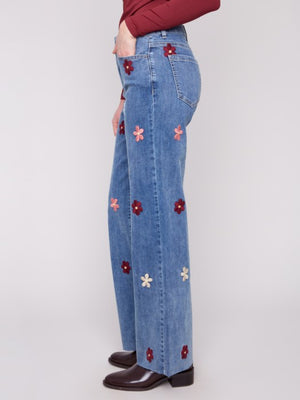 Charlie B Wide Leg Jeans with Embroidered Flowers