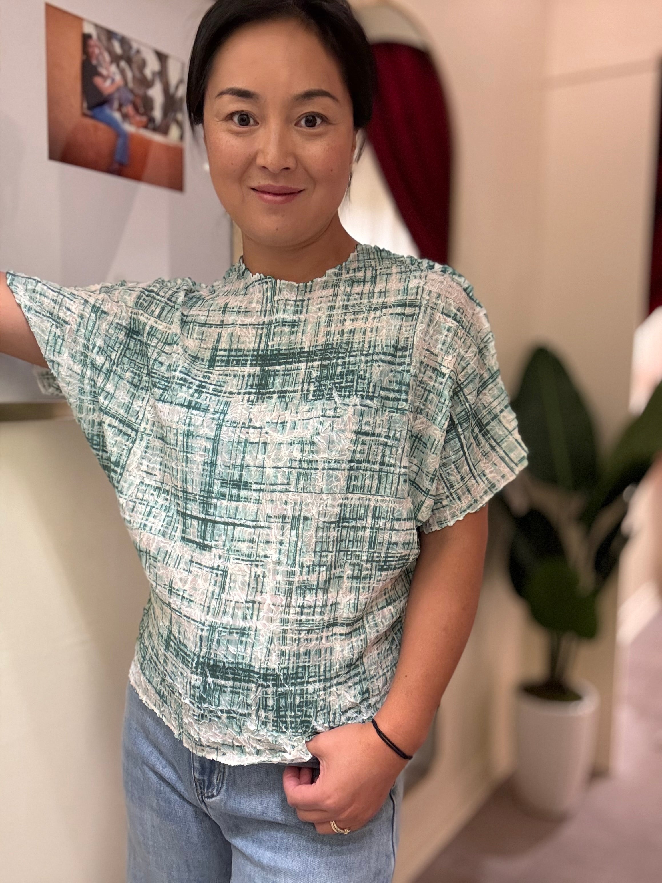 Textured Grid Print Blouse