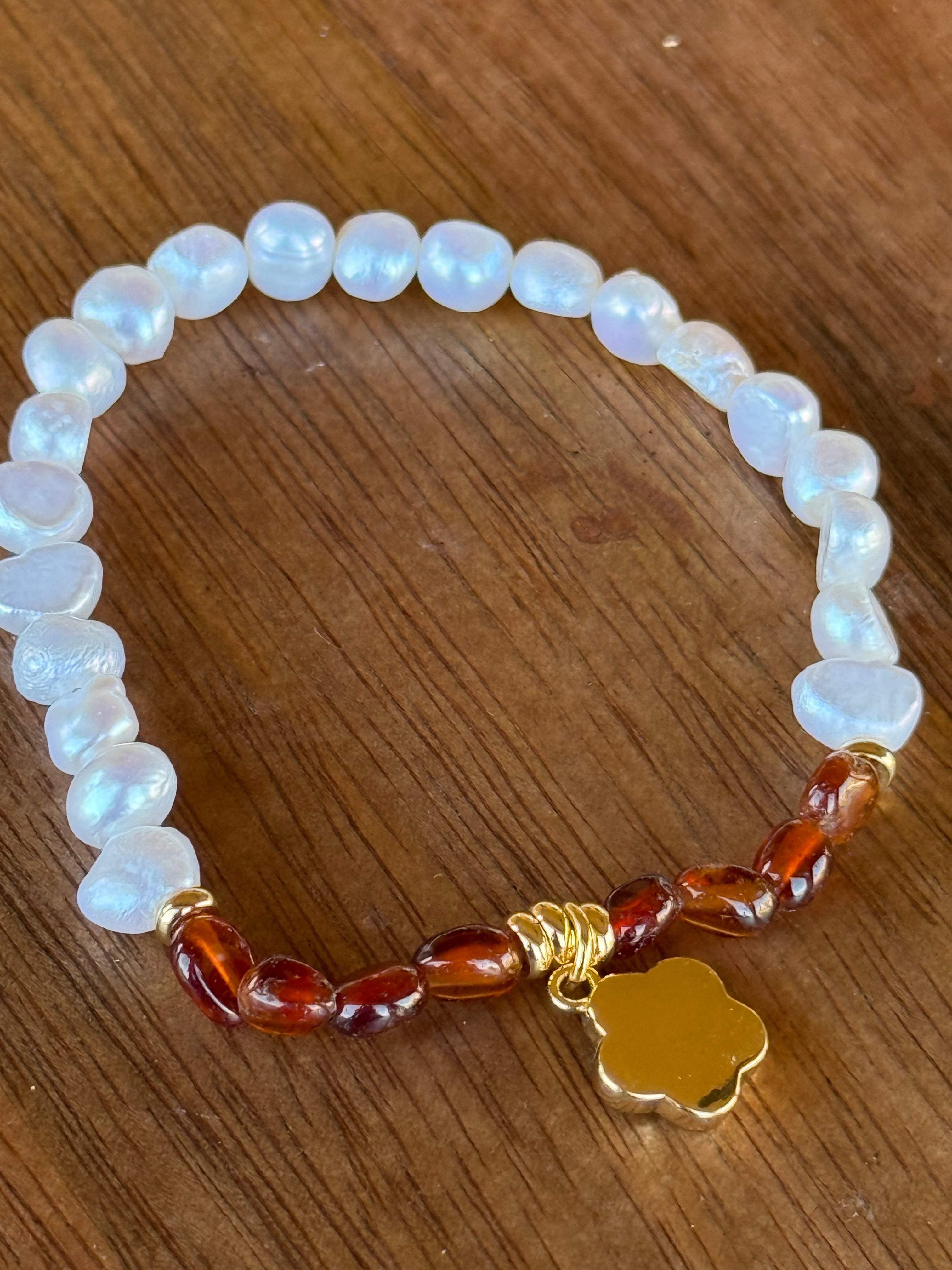 Pearl & Amber Bead Bracelet with Gold Clover Charm