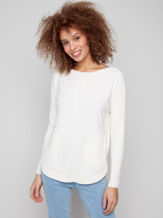 Charlie B Long Sleeve Boat-Neck Sweater With Pockets