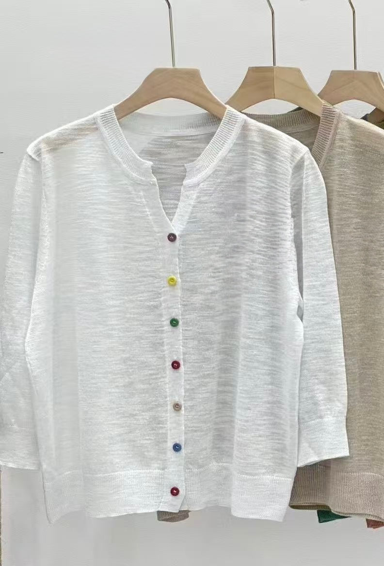 Rainbow Button Slub Linen Cardigan