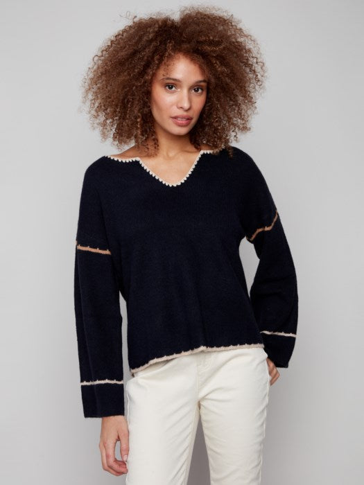 Charlie B Notched Neck Rib Sweater