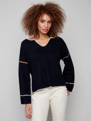 Charlie B Notched Neck Rib Sweater
