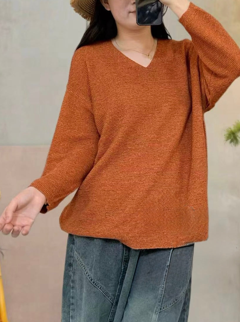 Cotton Blend V-Neck Relaxed Sweater