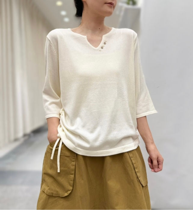 Button Detail Notch-Neck Sweater
