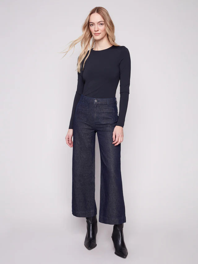 Charlie B Metallic Patch Pocket Flare Jeans - Blue Black