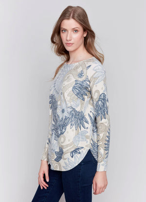 CHAR PRINTED ROUND HEM SWEATER WITH POCKET FEATHER PRINT