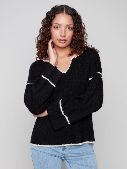 Charlie B Notched Neck Rib Sweater