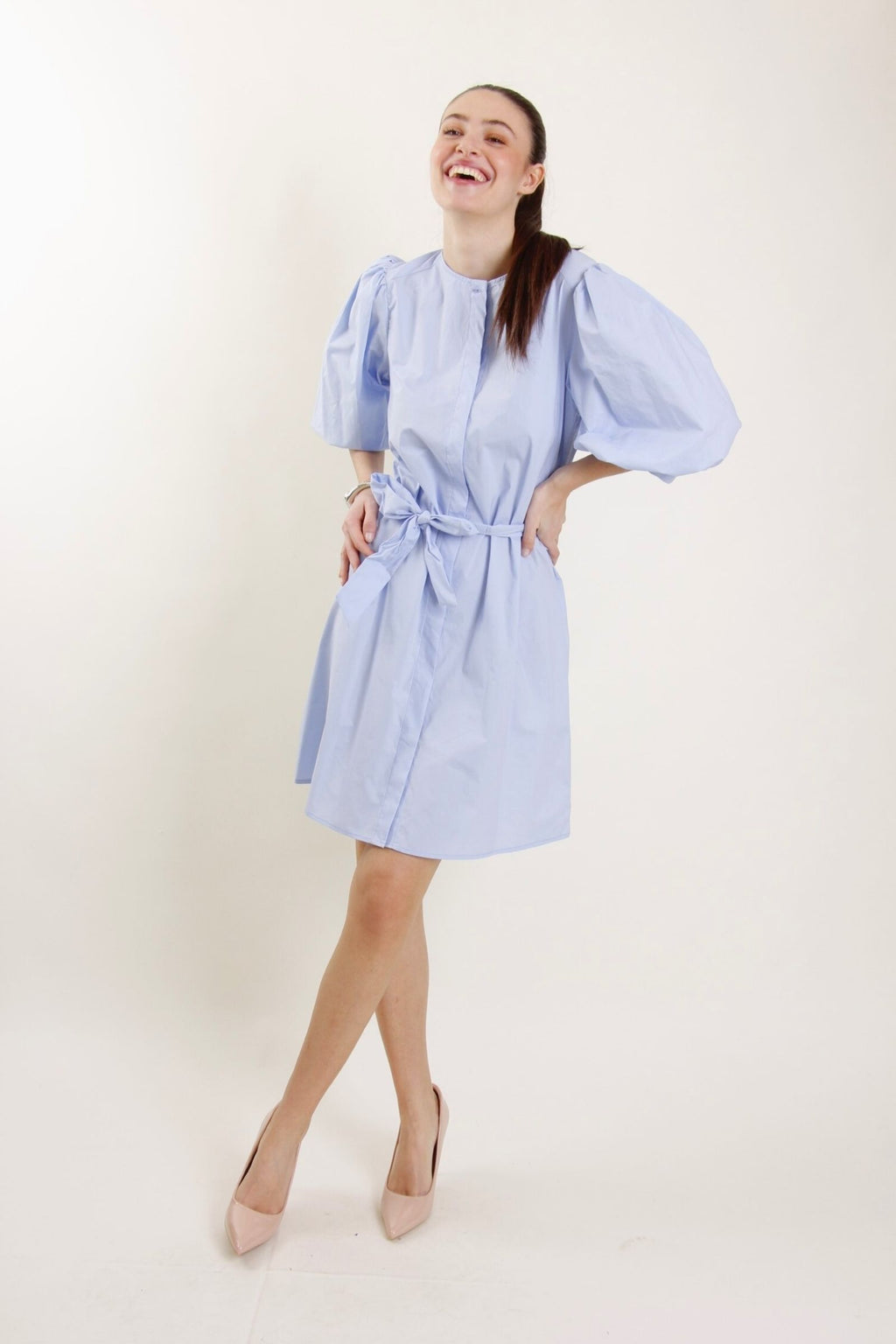 Balloon Sleeve Belted Shirt Dress