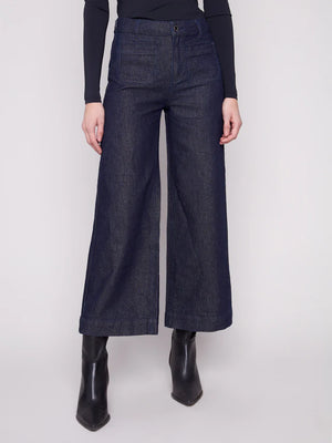 Charlie B Metallic Patch Pocket Flare Jeans - Blue Black
