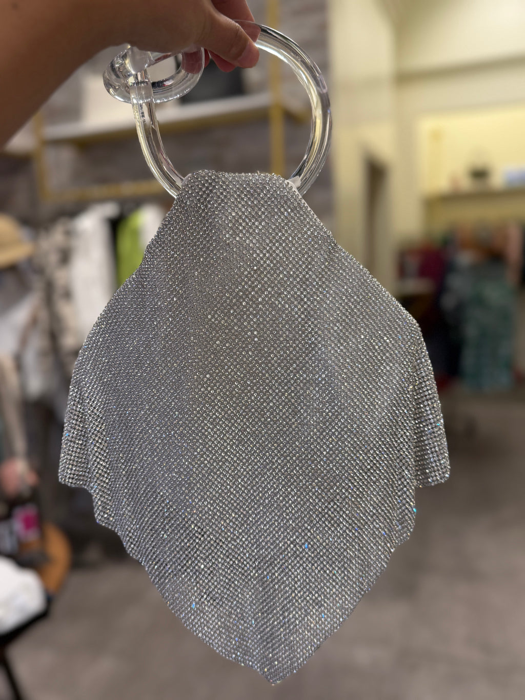 Ring Handle Silver Crystal Mesh Bag