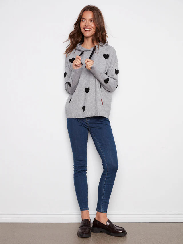 Charlie B Embroidered Hearts Hoodie Sweater - Heather Grey