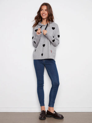 Charlie B Embroidered Hearts Hoodie Sweater - Heather Grey