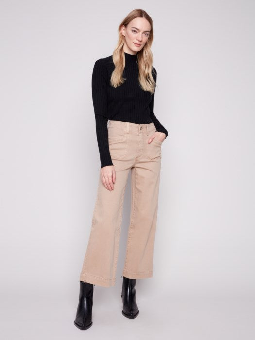 Charlie B Cropped Wide Leg Twill Pant Sesame