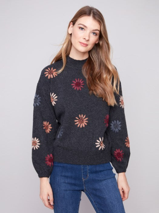 Charlie B Mock Neck Sweater W/Floral Embroidery