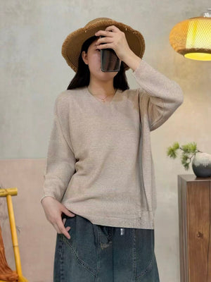 Cotton Blend V-Neck Relaxed Sweater