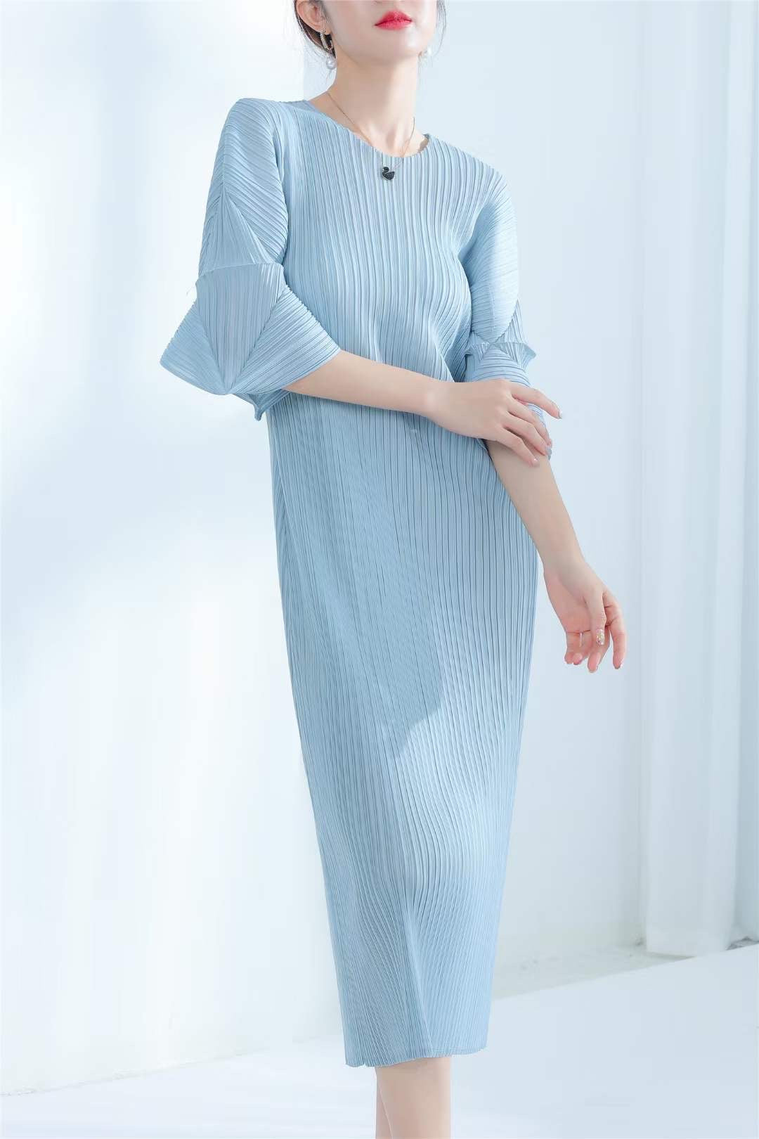 Crinkled Baby Blue Puff Sleeve Sheath Dress Crinkled Baby Blue Puff Sleeve Sheath Dress