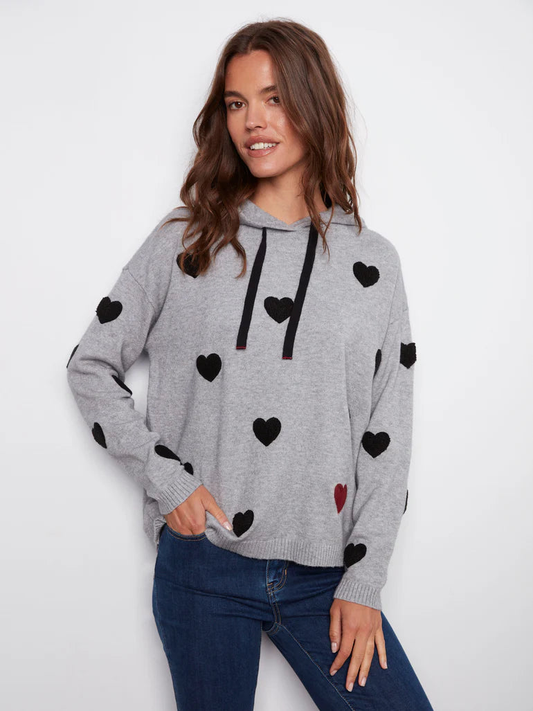 Charlie B Embroidered Hearts Hoodie Sweater - Heather Grey