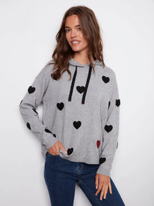 Charlie B Embroidered Hearts Hoodie Sweater - Heather Grey