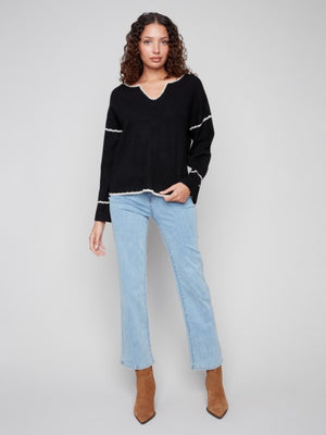 Charlie B Notched Neck Rib Sweater