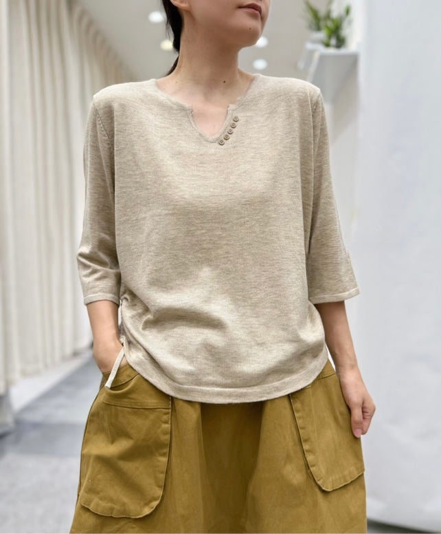 Button Detail Notch-Neck Sweater