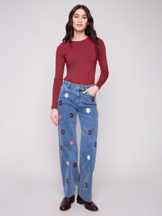 Charlie B Wide Leg Jeans with Embroidered Flowers
