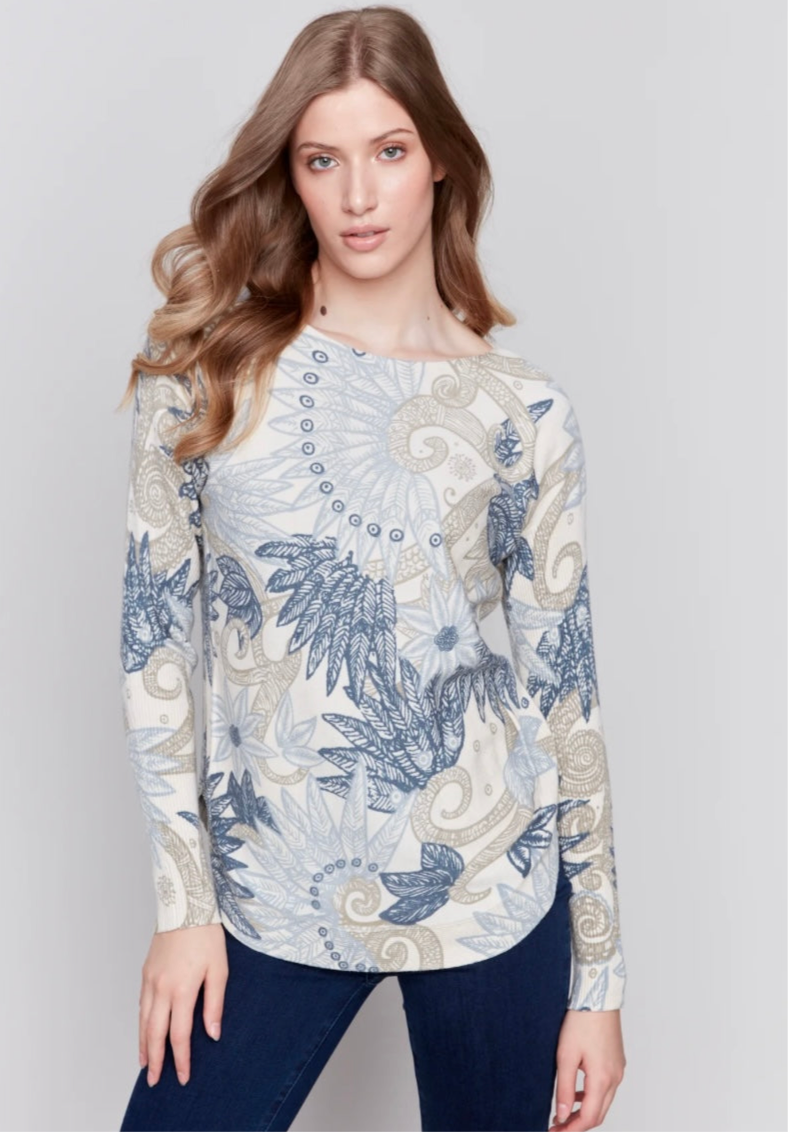 CHAR PRINTED ROUND HEM SWEATER WITH POCKET FEATHER PRINT