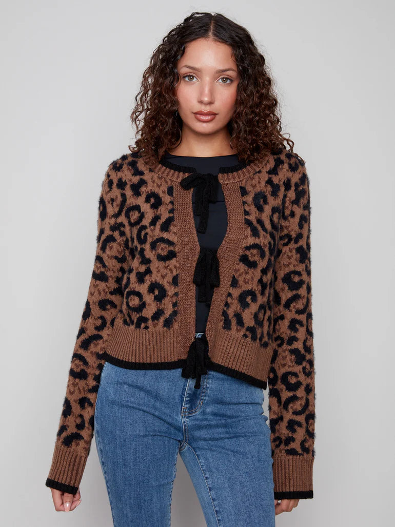Charlie B Bow Tie Jacquard Knit Cardigan - Animal