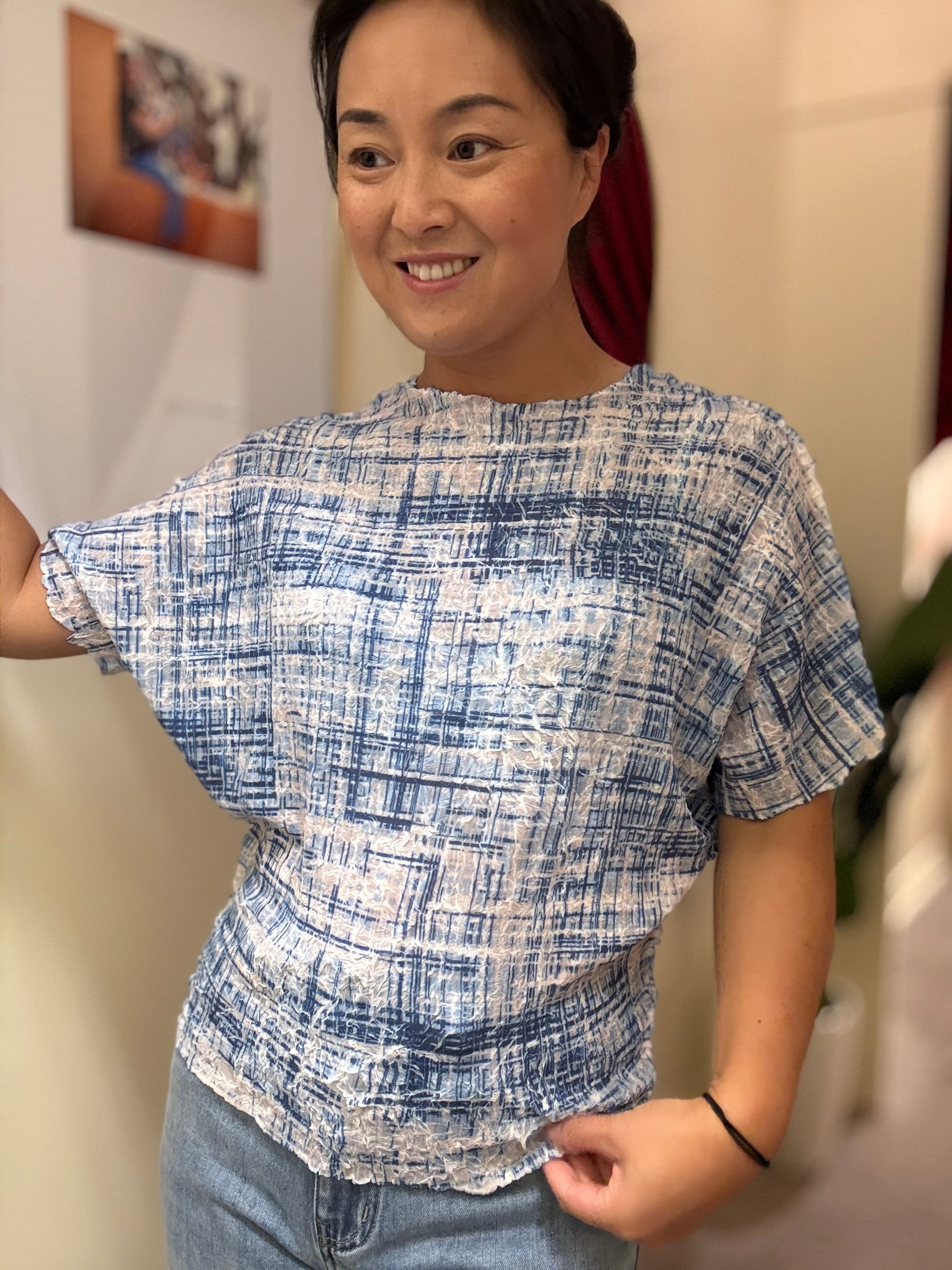 Textured Grid Print Blouse