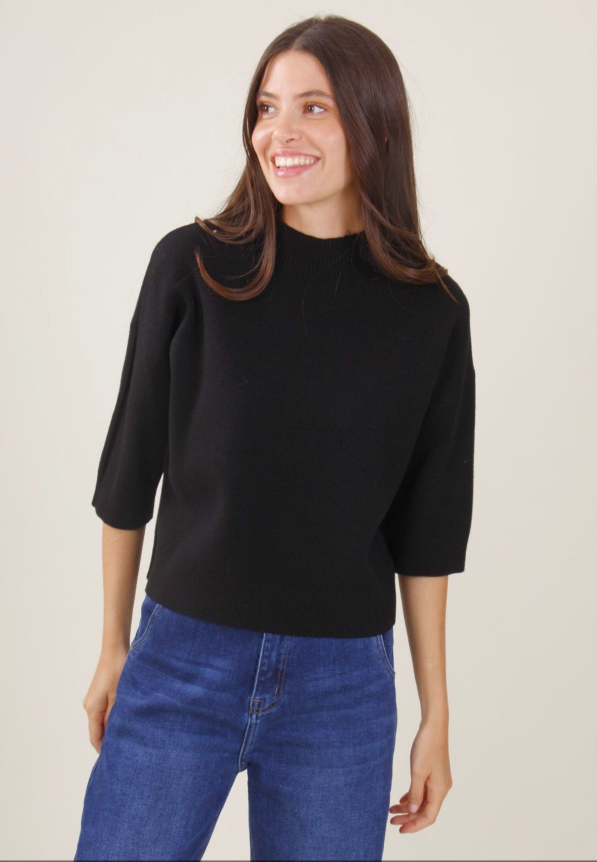 Black Boxy 3/4 Sleeve Sweater