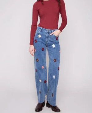 Charlie B Wide Leg Jeans with Embroidered Flowers