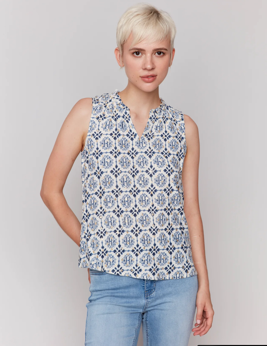 Charlie B Printed Sleeveless Ruffle Neck Top