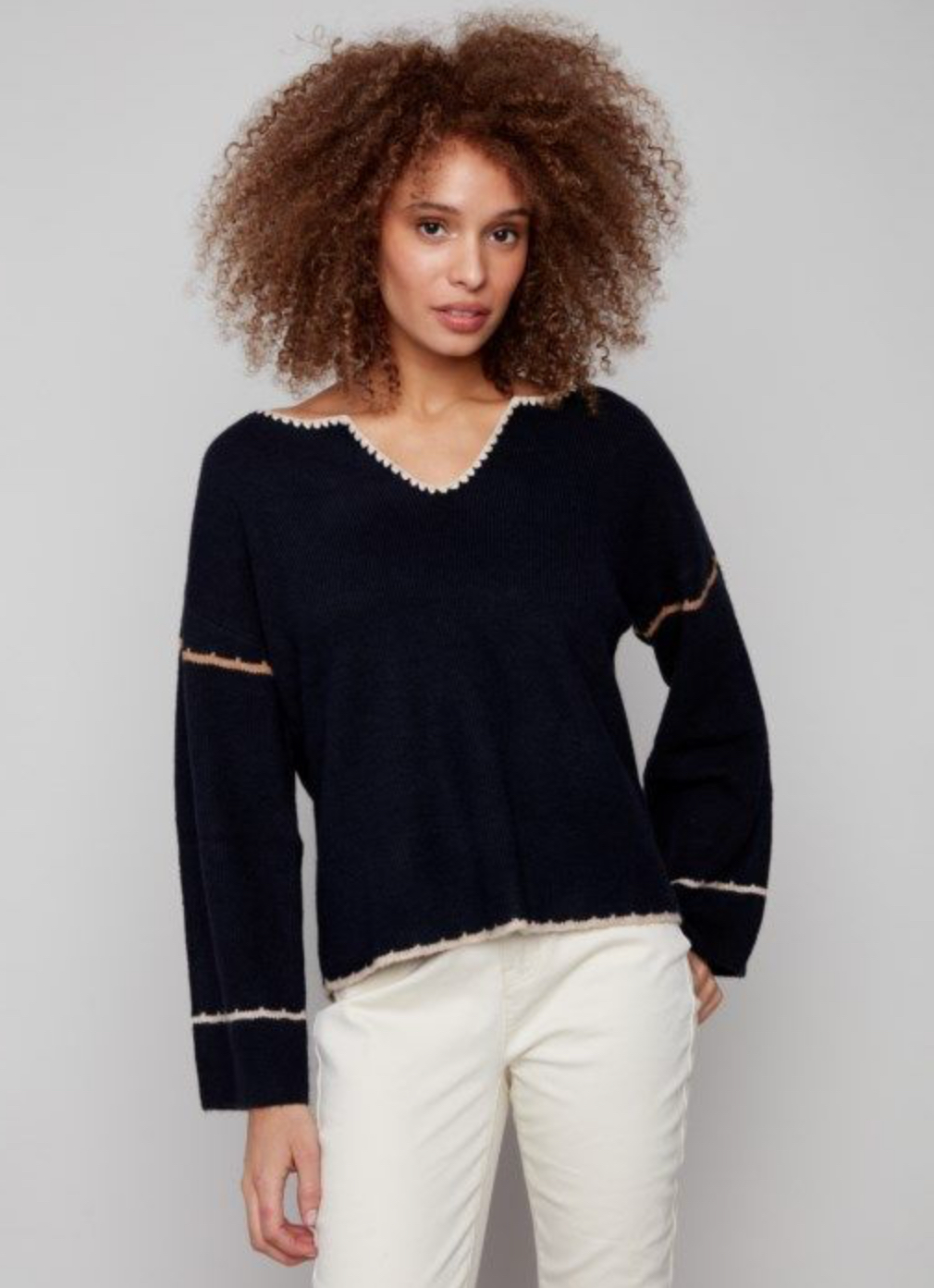Charlie B Notched Neck Rib Sweater