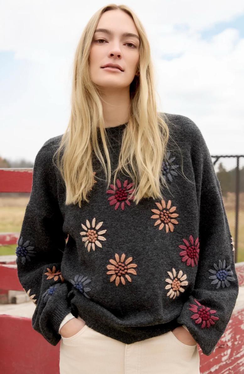 Charlie B Mock Neck Sweater W/Floral Embroidery