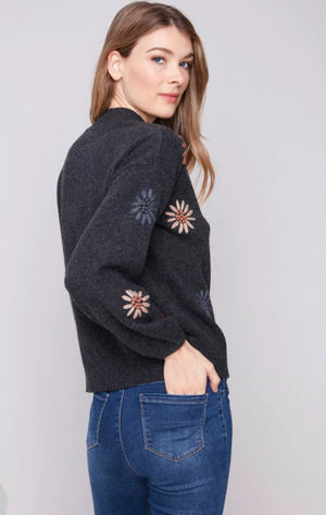 Charlie B Mock Neck Sweater W/Floral Embroidery