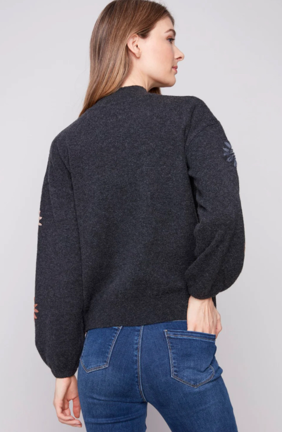 Charlie B Mock Neck Sweater W/Floral Embroidery