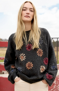 Charlie B Mock Neck Sweater W/Floral Embroidery