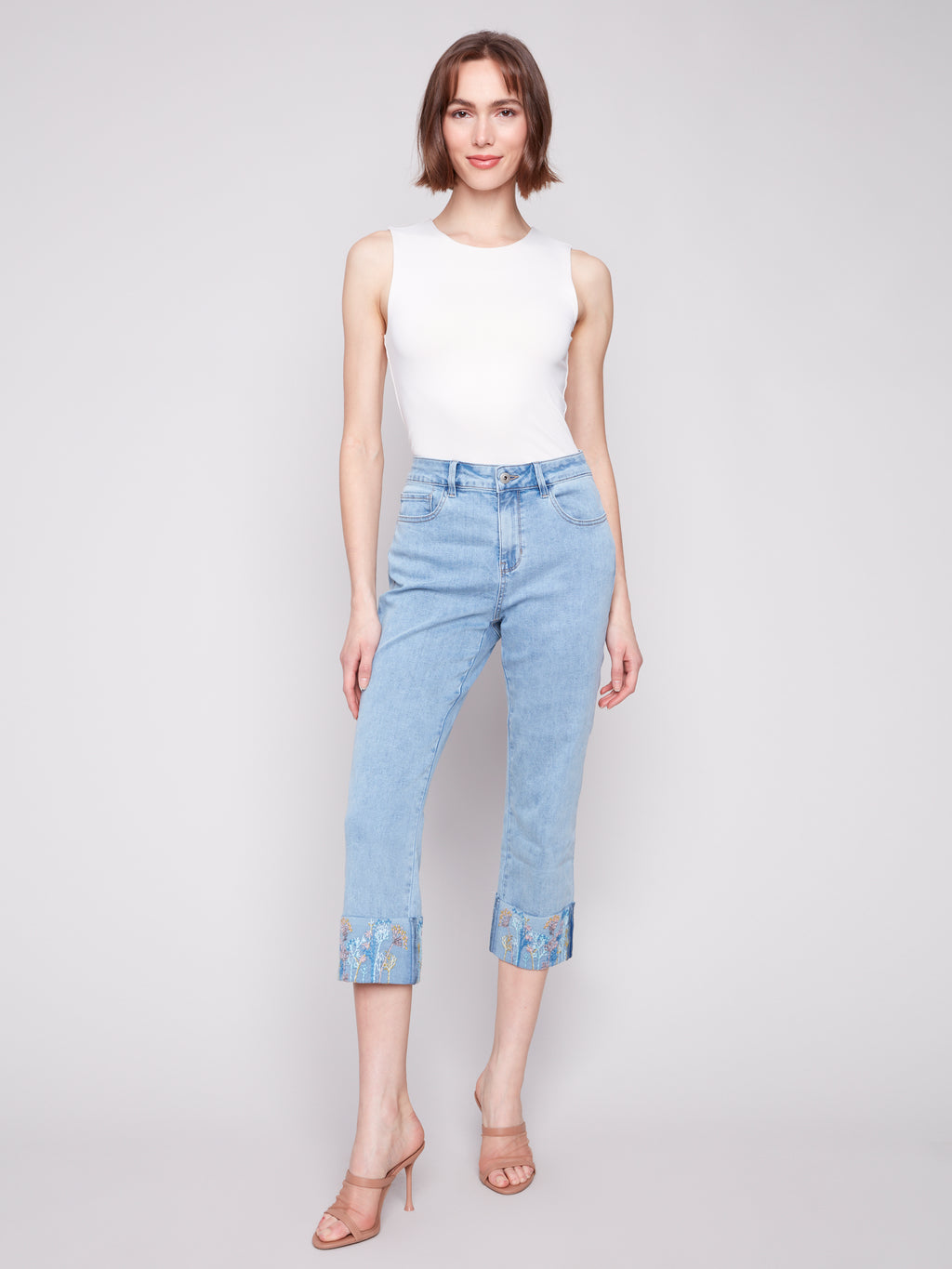 Charlie B Cropped Cuffed Embroidered Denim Jean