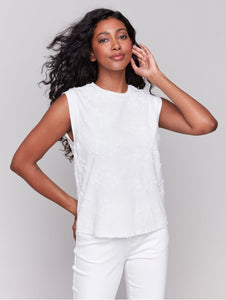 Charlie B Embroidered Sleeveless Crew Neck Top White