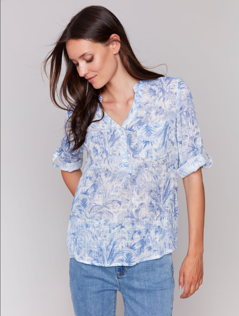 Charlie B Gauze Half Button Down Blouse a