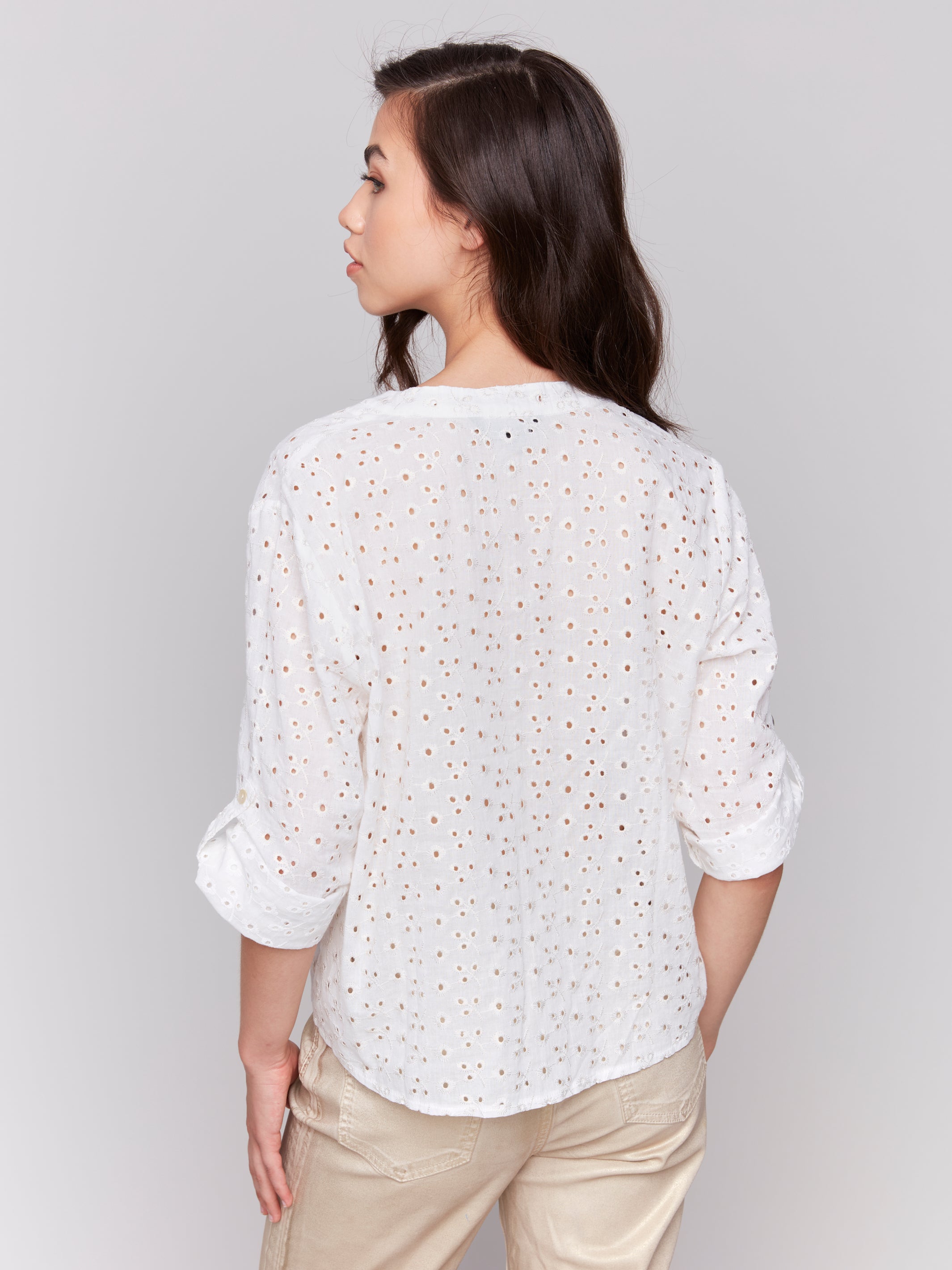 Charlie B White Embroidery Front Tie Cotton Blouse