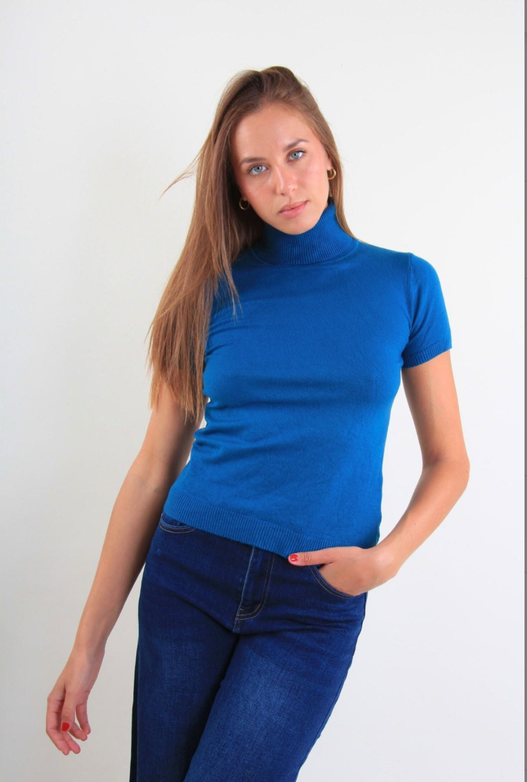 Turtle Neck Short Sleeve Fitted Sweater