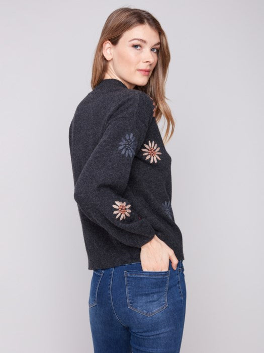 Charlie B Mock Neck Sweater W/Floral Embroidery