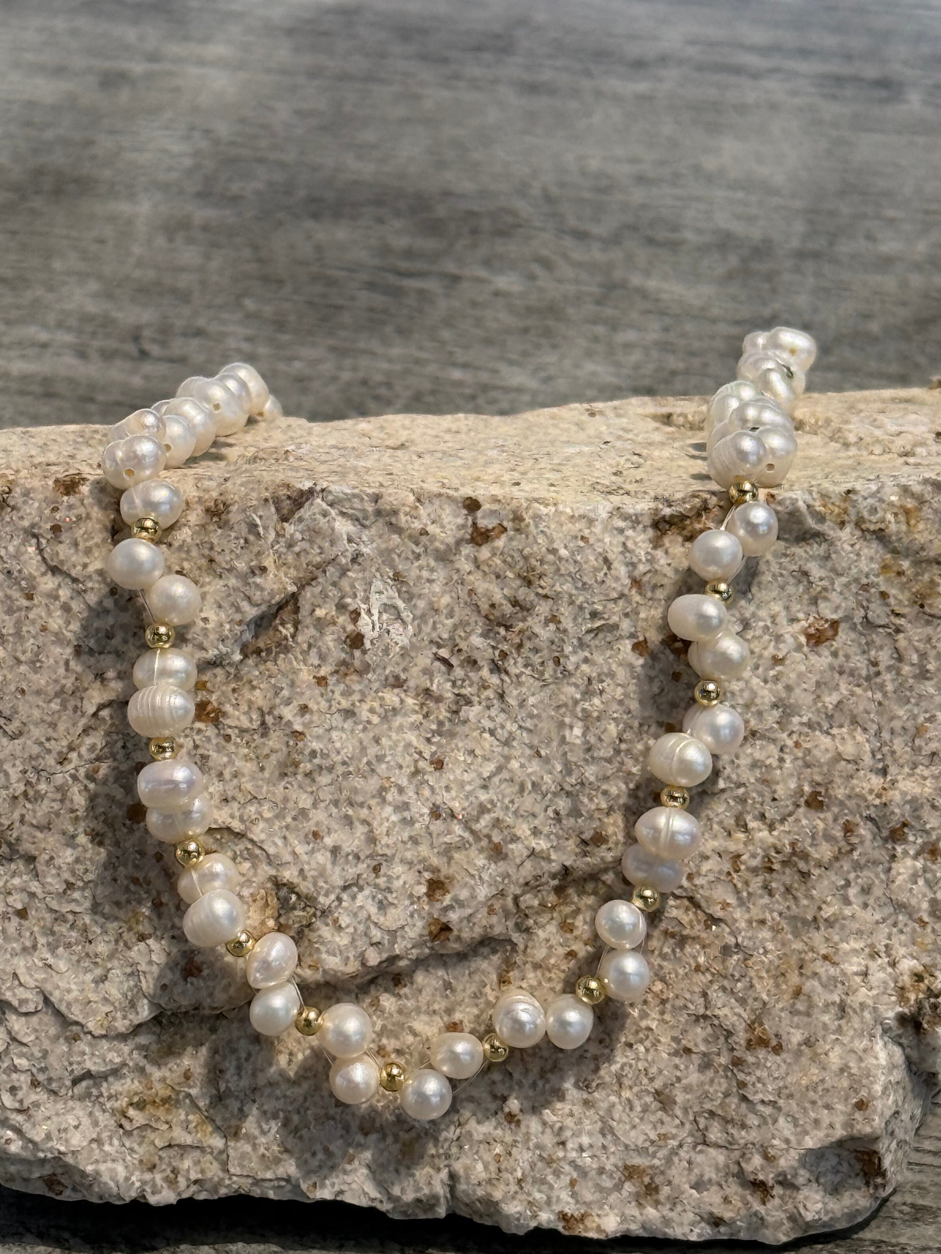 Fresh Water Pearl and Gold Beads Necklace