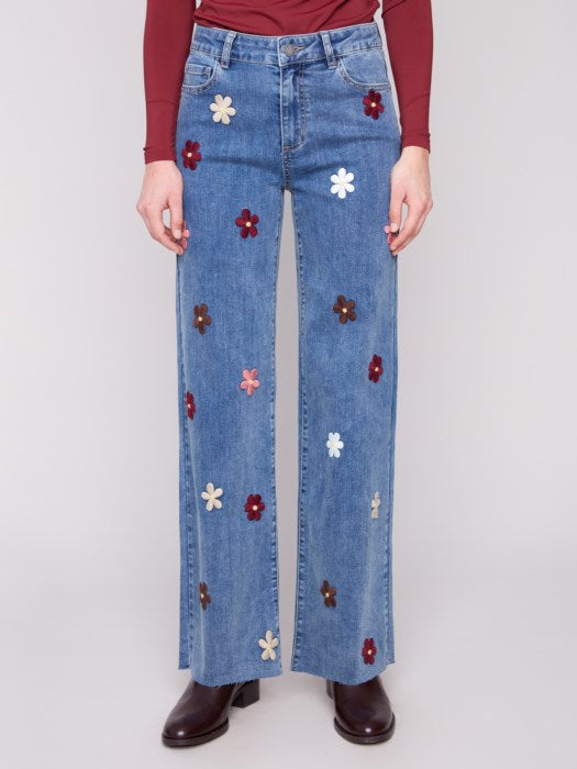 Charlie B Wide Leg Jeans with Embroidered Flowers