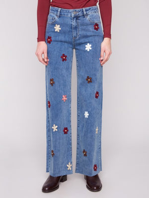 Charlie B Wide Leg Jeans with Embroidered Flowers
