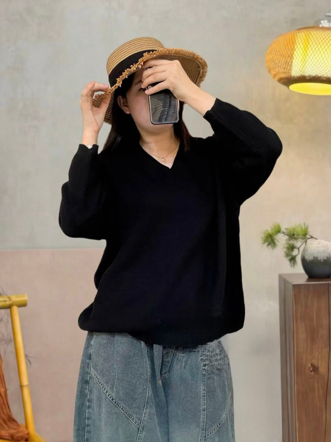Cotton Blend V-Neck Relaxed Sweater