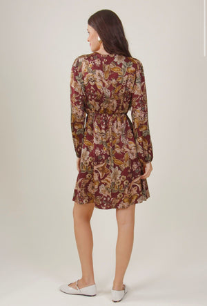 V-Neck Blue and Brown Floral Long Sleeve Dress