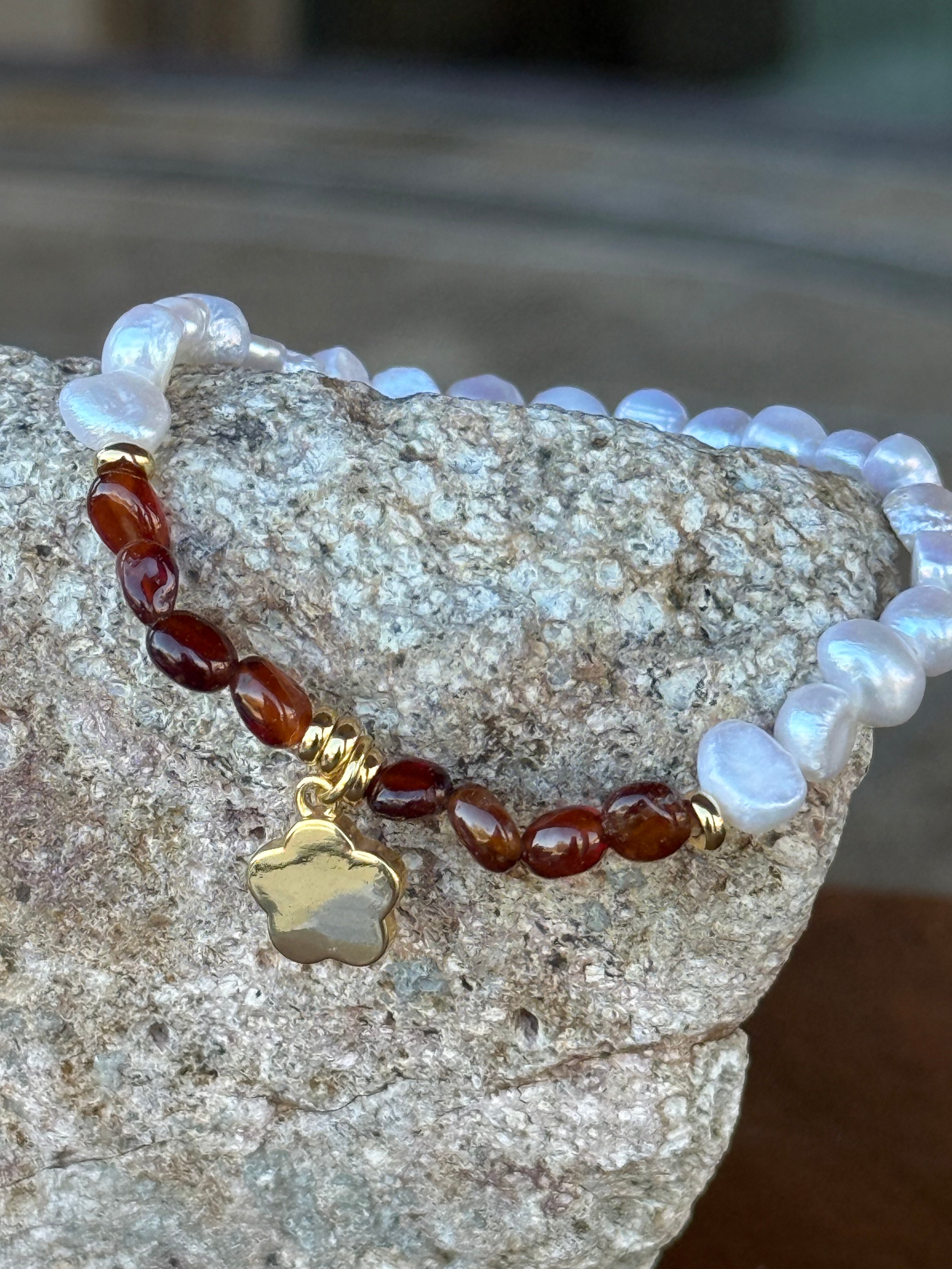 Pearl & Amber Bead Bracelet with Gold Clover Charm