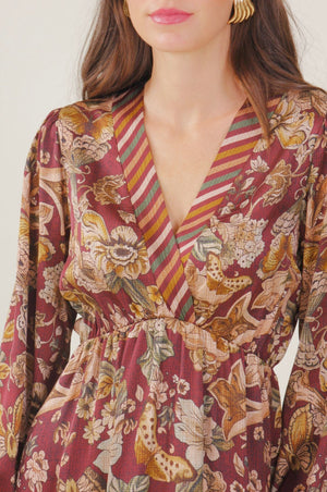 V-Neck Blue and Brown Floral Long Sleeve Dress